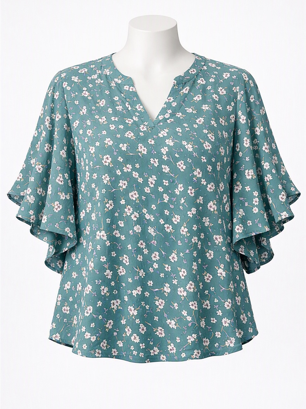 Floral Teal Ruffle Sleeve V-Neck Blouse